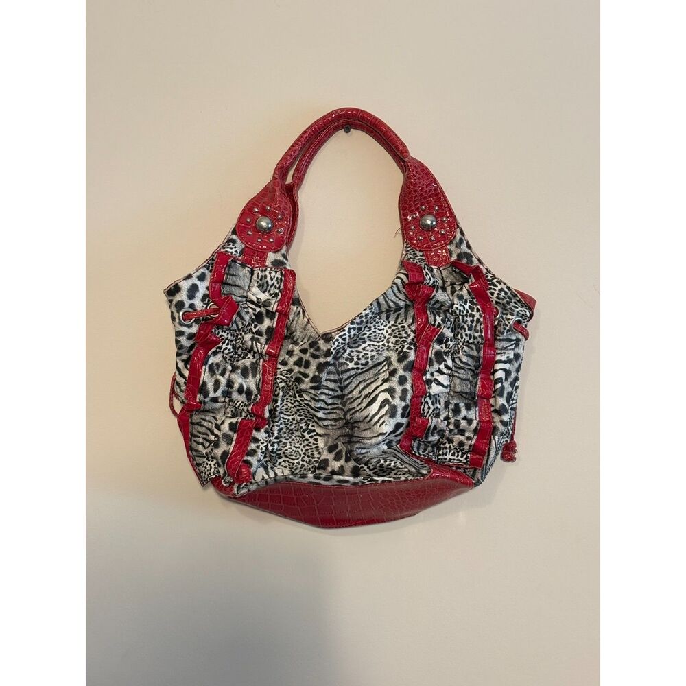 Animal Print Hobo Bag Red Croc Trim Studded Handles Unbranded